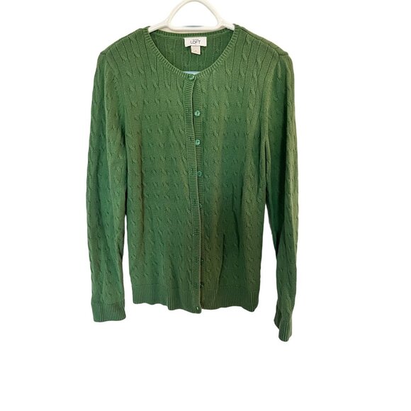 LOFT Green Cable Knit Button Front Cardigan Sweater SZ M - Picture 1 of 5
